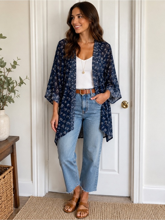 Lucky Brand Tops - Lucky Brand Navy Sheer Floral Kimono Cardigan OSFM